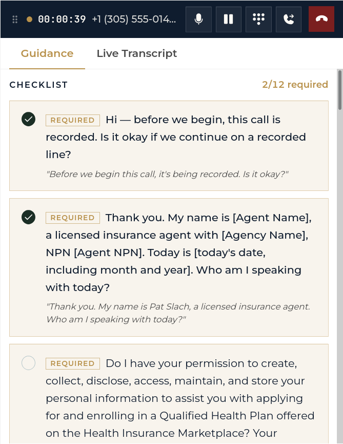The call screen during a live call: the call controls, and the AI checklist prompting the agent through the required disclosures