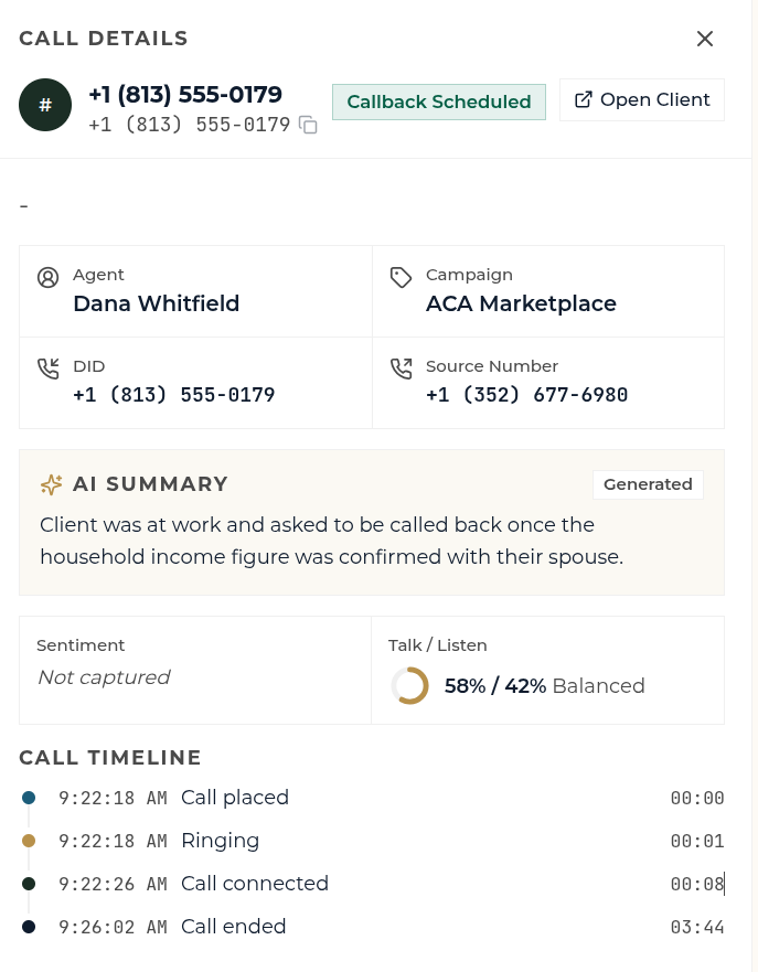 Call summary with AI sentiment score and timeline